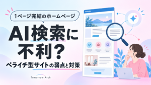1ページ完結のホームページはAI検索に不利? ペライチ型サイトの弱点と対策。水色とピンクを基調にしたWebページと虫眼鏡のイラスト。
